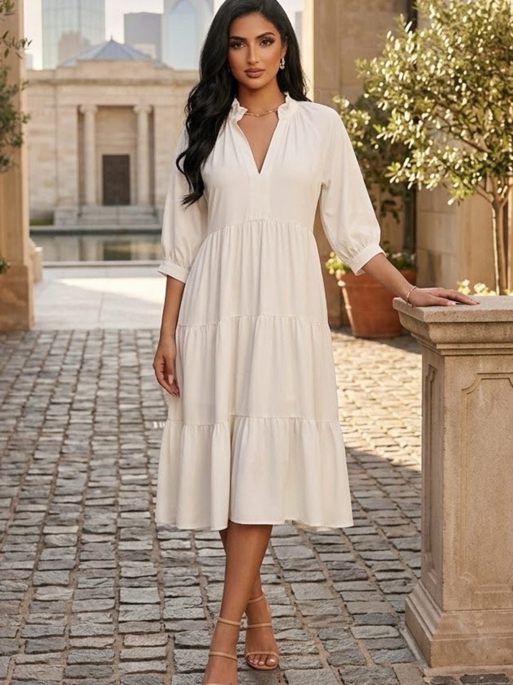 Amanda Uprichard Cream Tiered Midi Dress with Ruffle Collar Large
